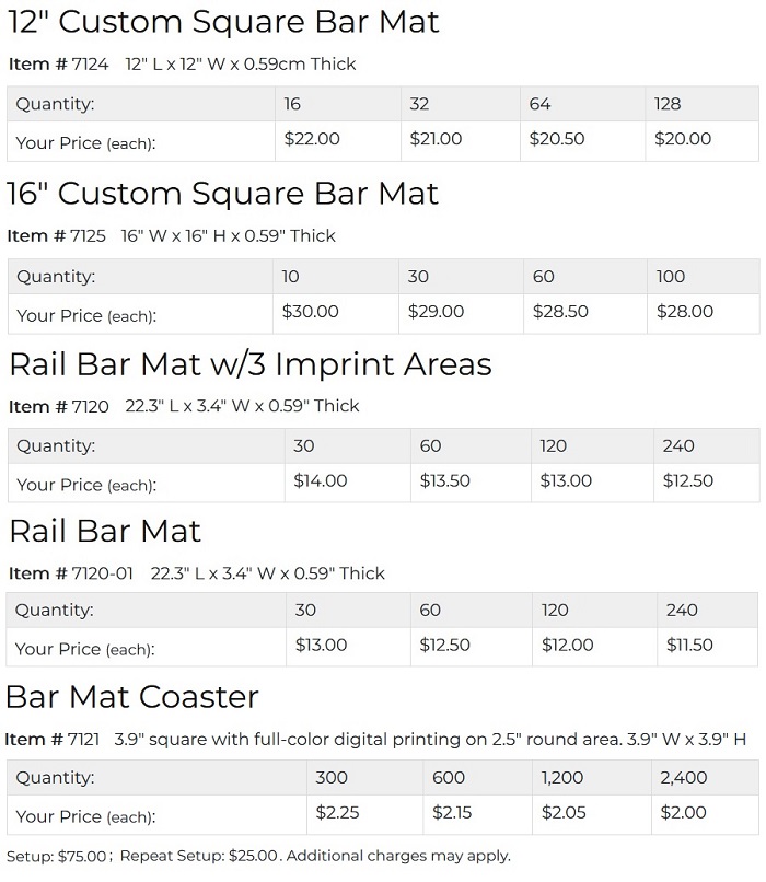 Bar Mat Pricing